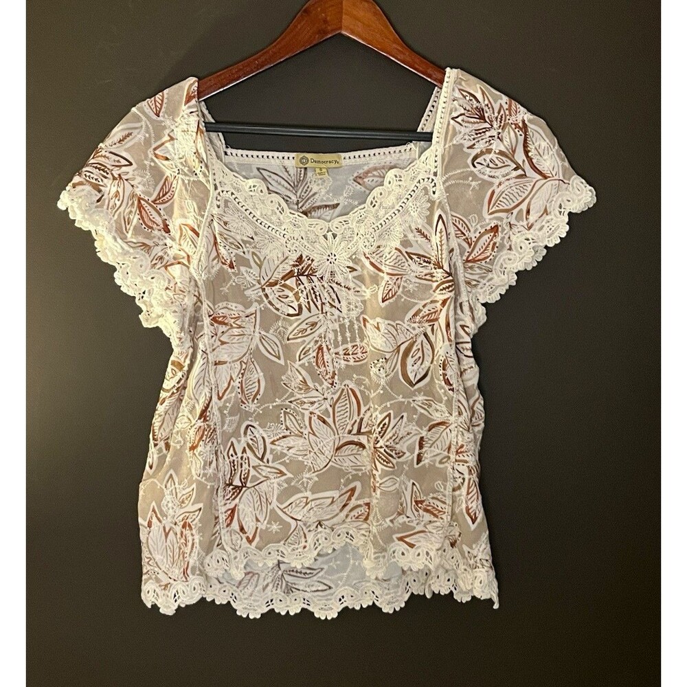 Democracy White/Brown Floral Lace Embroidered Scoop Neck Short Sleeve Blouse S